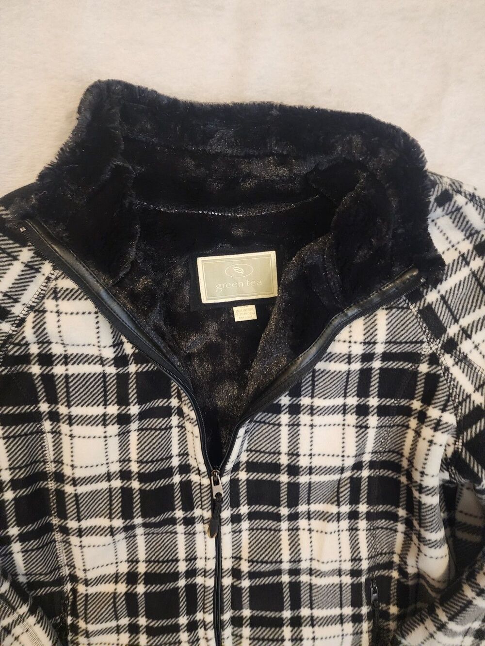 Green Tea Plaid Jacket Fleece Plush Lined Zip Up Womens Large - Picture 2 of 8
